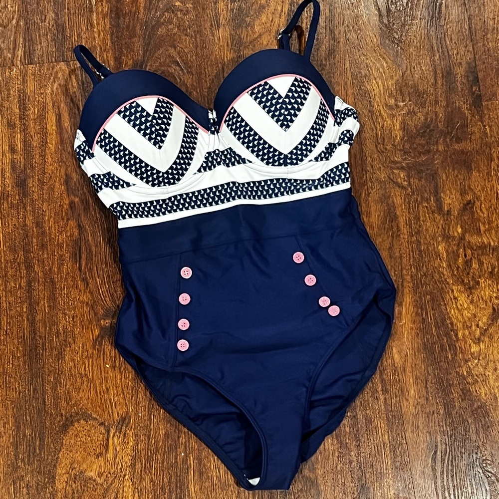 retro style swimsuit one piece navy white pink size 6 nautical pinup coastal